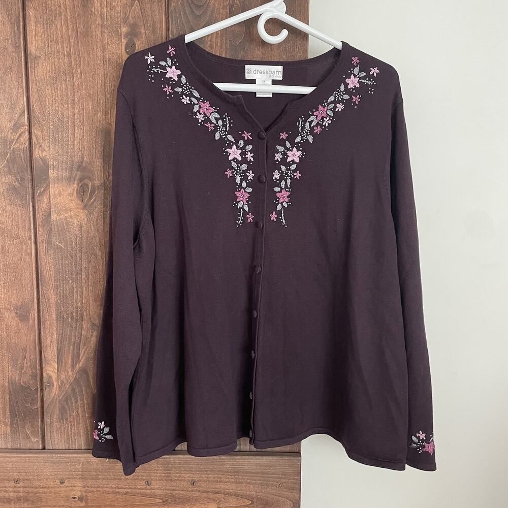VTG Y2K DressBarn Sweater Cardigan 2X Purple Embroidered Granny Grandma Cottage